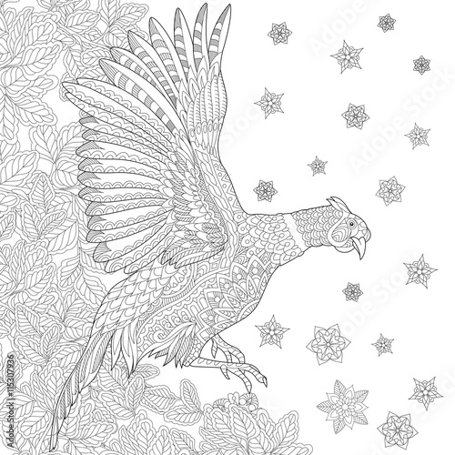Zentangle stylized cartoon pheasant bird (cock, phoenix), leaves, snowflakes. Hand drawn sketch for adult antistress coloring book page, T-shirt emblem, tattoo with doodle, zentangle design elements.