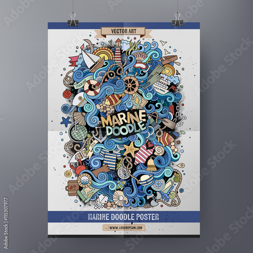 Cartoon line art vector hand-drawn marine nautical poster