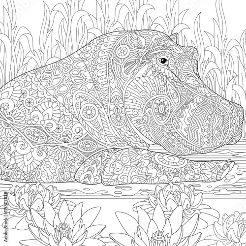 Zentangle stylized cartoon hippopotamus (hippo) swimming among lotus flowers and pond algae. Hand drawn sketch for adult antistress coloring book page with doodle, zentangle, floral design elements.
