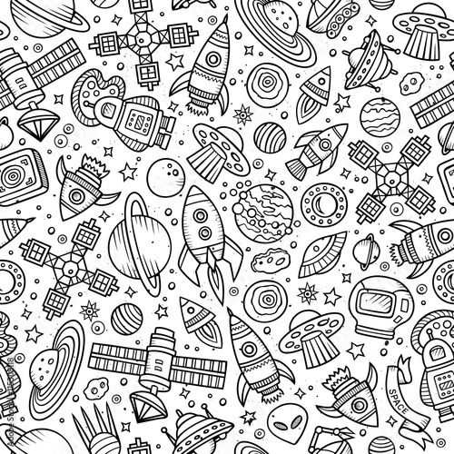 Cartoon hand-drawn space, planets seamless pattern