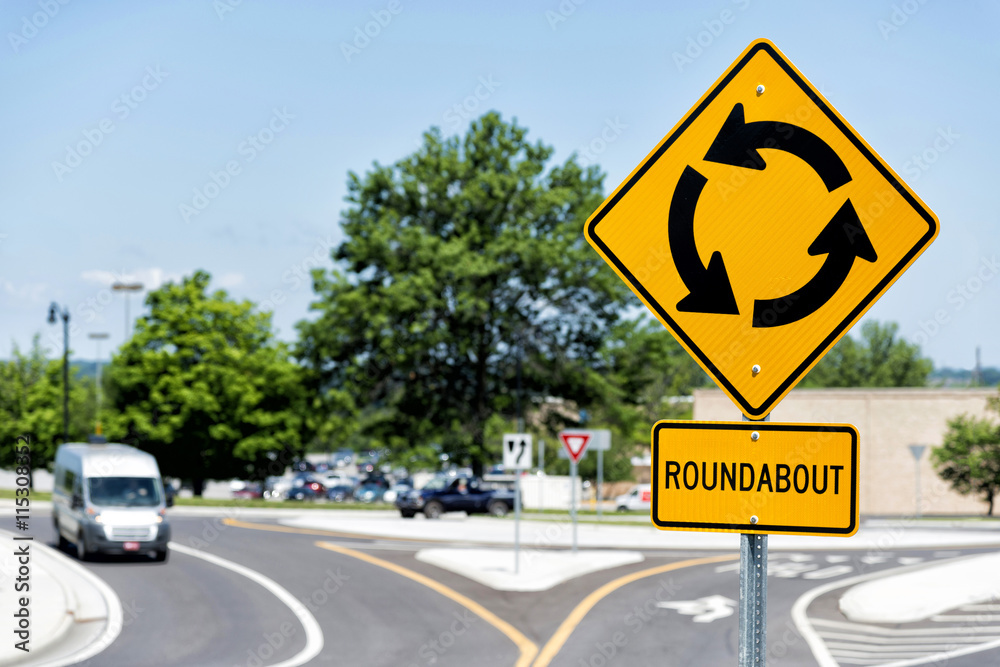 Roundabout Traffic Sign For Intersection Horizontal With Copy Space Roundabout Traffic Sign For Intersection Horizontal With Copy Space