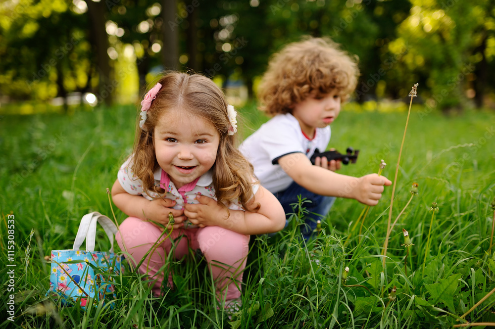 boy and girl on the background of greenery blow on dandelions boy and girl on the background of greenery blow on dandelions
