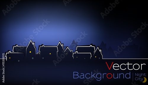 Vector of Town at Night with illuminated copy space for your text on top left, darker area for additional text on bottom. Dark blue colors, blurred background. City in the bottom. eps 10