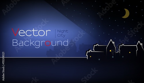 Vector of Town at Night with illuminated copy space for your text on the left side, darker area for additional text on bottom. Dark blue colors, blurred background. City on the right side. eps 10