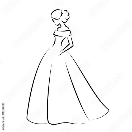 Sketch of an elegant bride in white wedding dress. Abstract hand