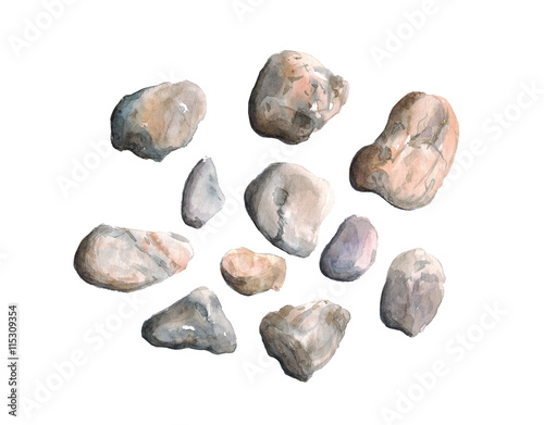 Watercolor hand drawn illustration composition of sea stones isolated on white