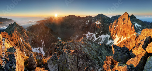 Fototapeta Naklejka Na Ścianę i Meble -  Mountain sunset panorama landscape in Tatras, Rysy, Slovakia