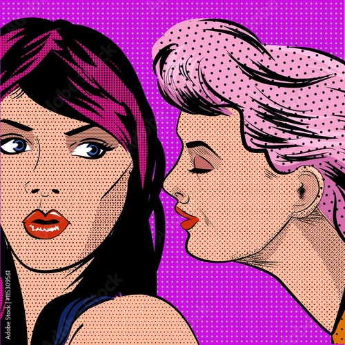 Woman telling secrets, gossiping girls pop art retro style illustration