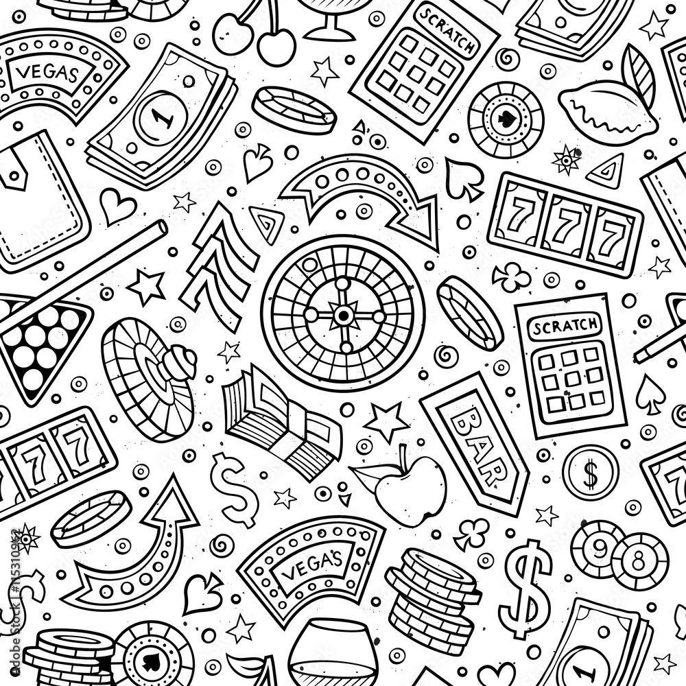 Fototapeta premium Cartoon hand-drawn casino, games seamless pattern