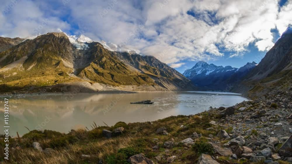 Spectacular View Of Hooker Glacier Terminal Lake And Aoraki Mount Cook At Mount Cook National Park, New Zealand. Timelapse Pan Up Spectacular View Of Hooker Glacier Terminal Lake And Aoraki Mount Cook At Mount Cook National Park, New Zealand. Timelapse Pan Up