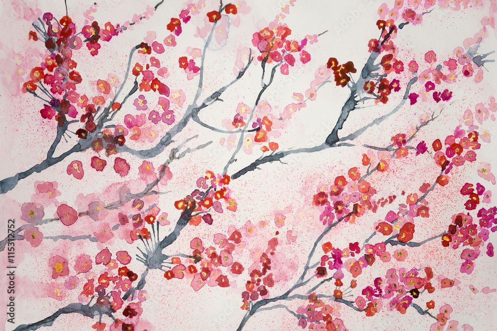 Branches of cherry blossoms. The dabbing technique gives a soft focus effect due to the altered surface roughness of the paper.