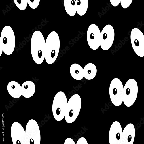 Seamless pattern with eyes in the dark background. Vector cartoon illustration. 