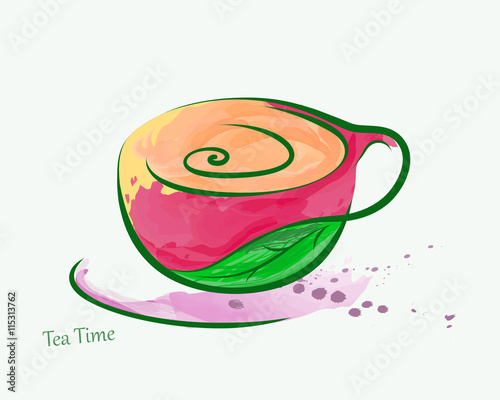 Tea Cup Vector. Lines forms an abstract tea cup colored with watercolor. Can be used as an corner element, part of menu, in advertisement, banner, poster etc.