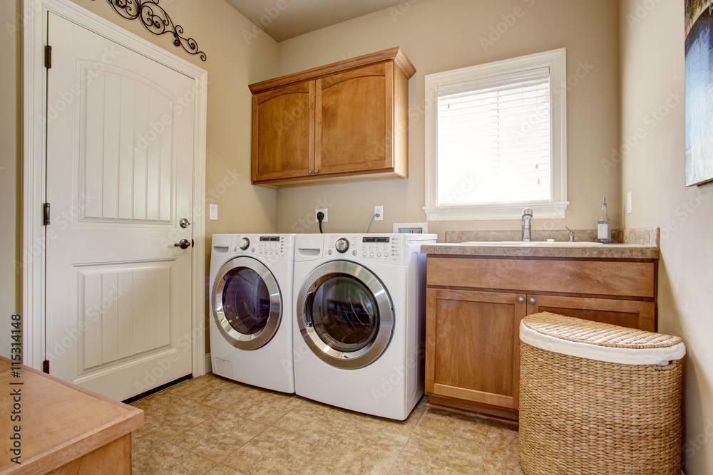 Laundry room with washer and dryer. - obrazy, fototapety, plakaty 