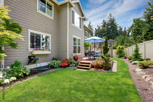 House with backyard patio and landscape design