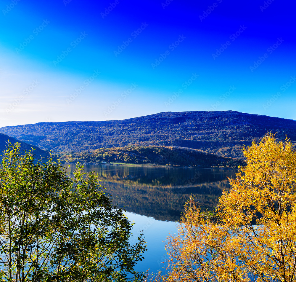 Horizontal vivid autumn in Norway background backdrop