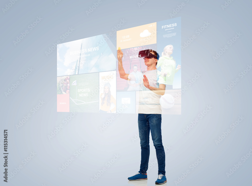 Fototapeta premium happy man in virtual reality headset or 3d glasses