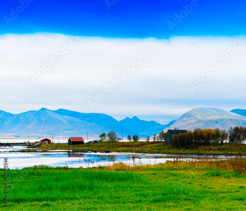 Horizontal vivid Norwat fjord hills landscape background backdro