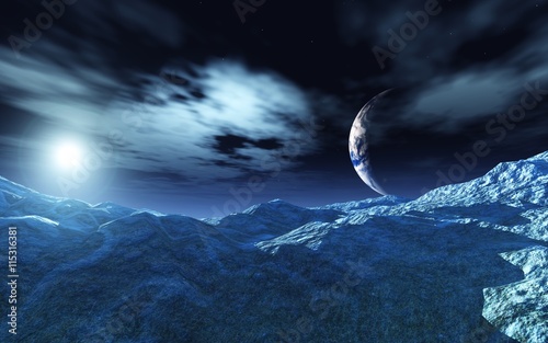 Fototapeta Naklejka Na Ścianę i Meble -  sunrise on the moon, lunar landscape, 3D rendering