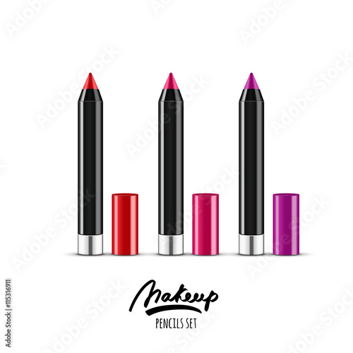 Vector realistic illustration of multicolor cosmetics pencils. Makeup icons set. Red and pink cosmetic pencils isolated on white background. Design concept for cosmetics label, visage and makeup.