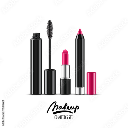 Vector illustration of realistic makeup cosmetics set. Pink lipstick, mascara and cosmetic pencils isolated on white background. Design concept for cosmetics label, visage and makeup. 