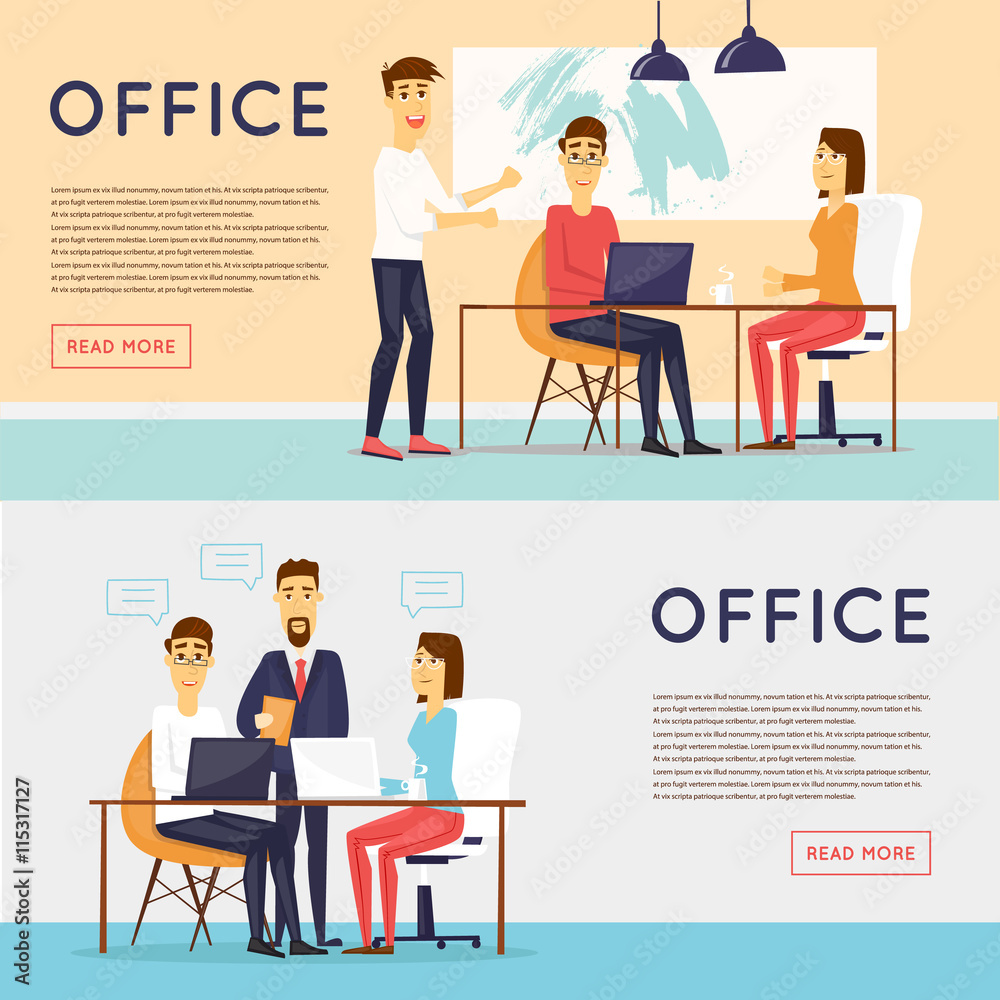 Business characters, meeting, teamwork, collaboration and discussion, conference table, brainstorm. Workplace. Office life. Banners. Flat design vector illustration.