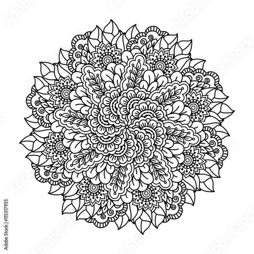 Round element for coloring book. Black and white floral pattern. Vector illustration.