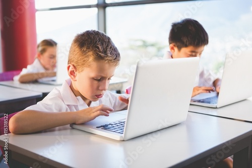 Schoolkids using laptop in classroom