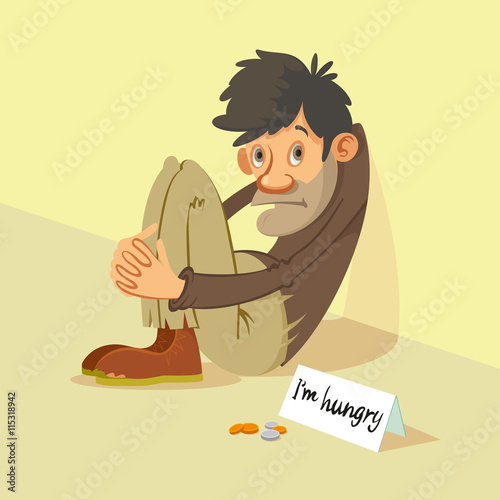Homeless hungry beggar begs for money, vector illustration