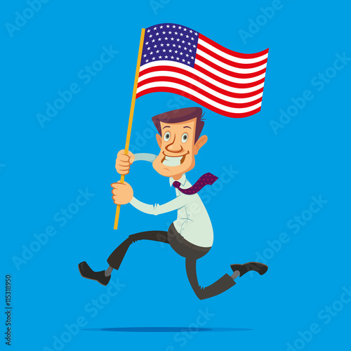 Happy smiling man with the American flag running towards the dream