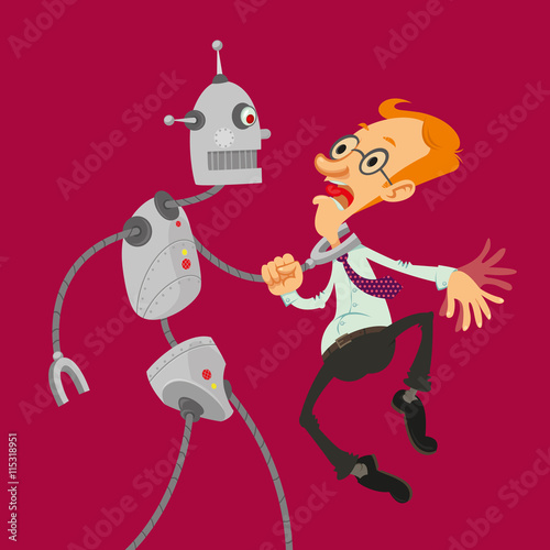 Aggressive robot attacked intelligent man with glasses, vector cartoon