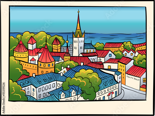 Medieval Old Town, St. Olaf Baptist Church and Tallinn City Wall in sketch style, Tallinn, Estonia