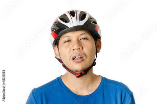 The man is wearing bike helmet and feeling tired to cycling,isolated on white background