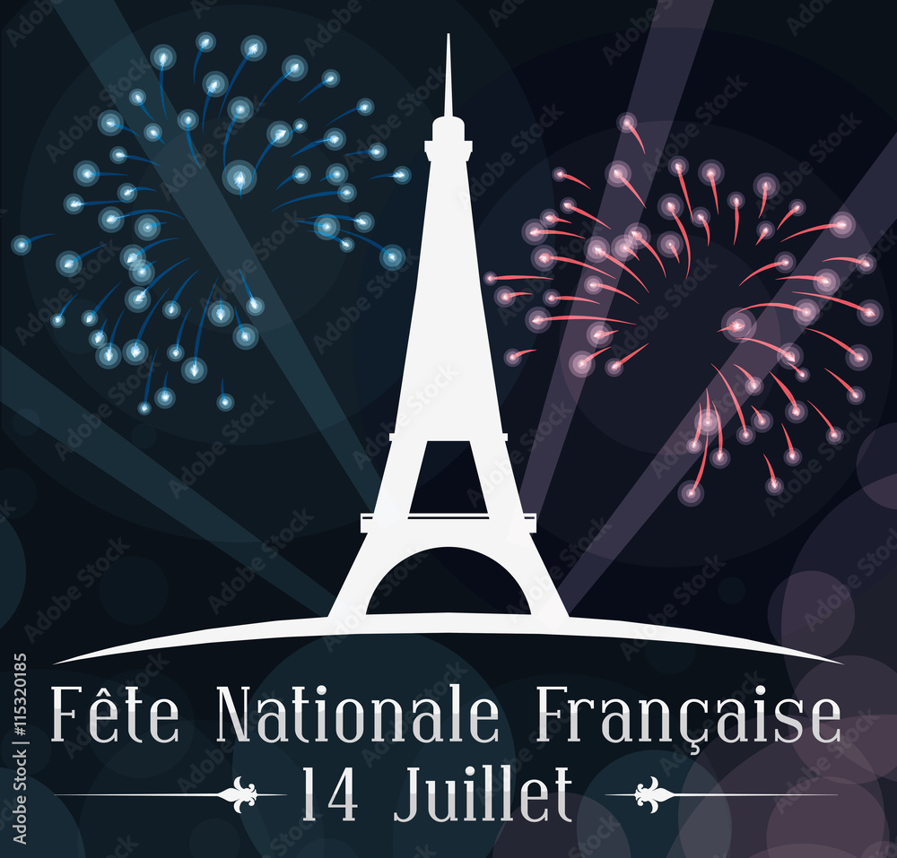 Poster with Night Celebration of Independence Day in France, Vector