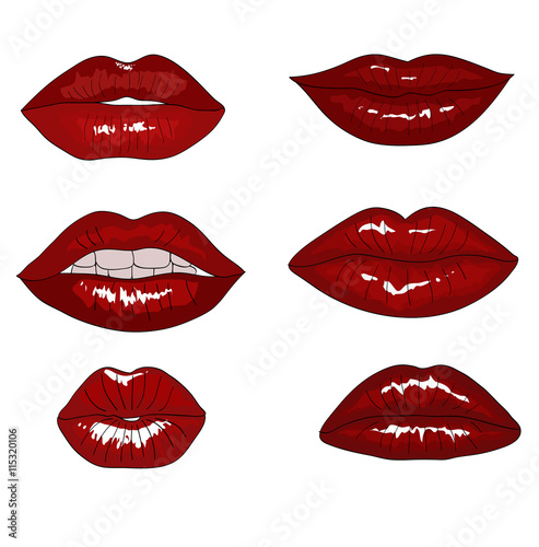 Collection Of Hand Drawn Red Lips  - Vector Illustration 