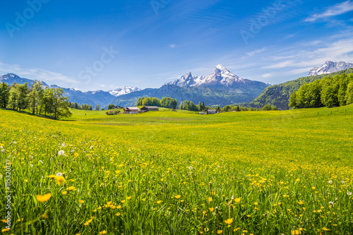 Idyllic landscape in the Alps with meadows and mountain tops