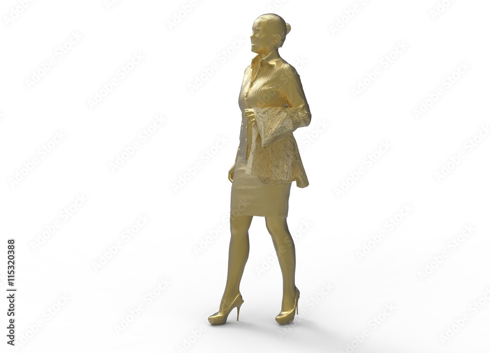 3d illustration of standing woman. icon for game web. white background isolated. statue of girl. gold color 3d illustration of standing woman. icon for game web. white background isolated. statue of girl. gold color