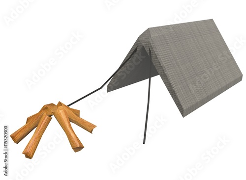 Fototapeta Naklejka Na Ścianę i Meble -  3d illustration of low poly camp tent with wood logs. icon for game web. white background isolated. 