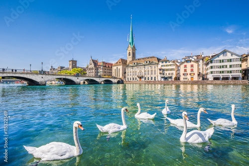 Fototapeta Naklejka Na Ścianę i Meble -  Zürich city center with swans on Limmat river, Switzerland