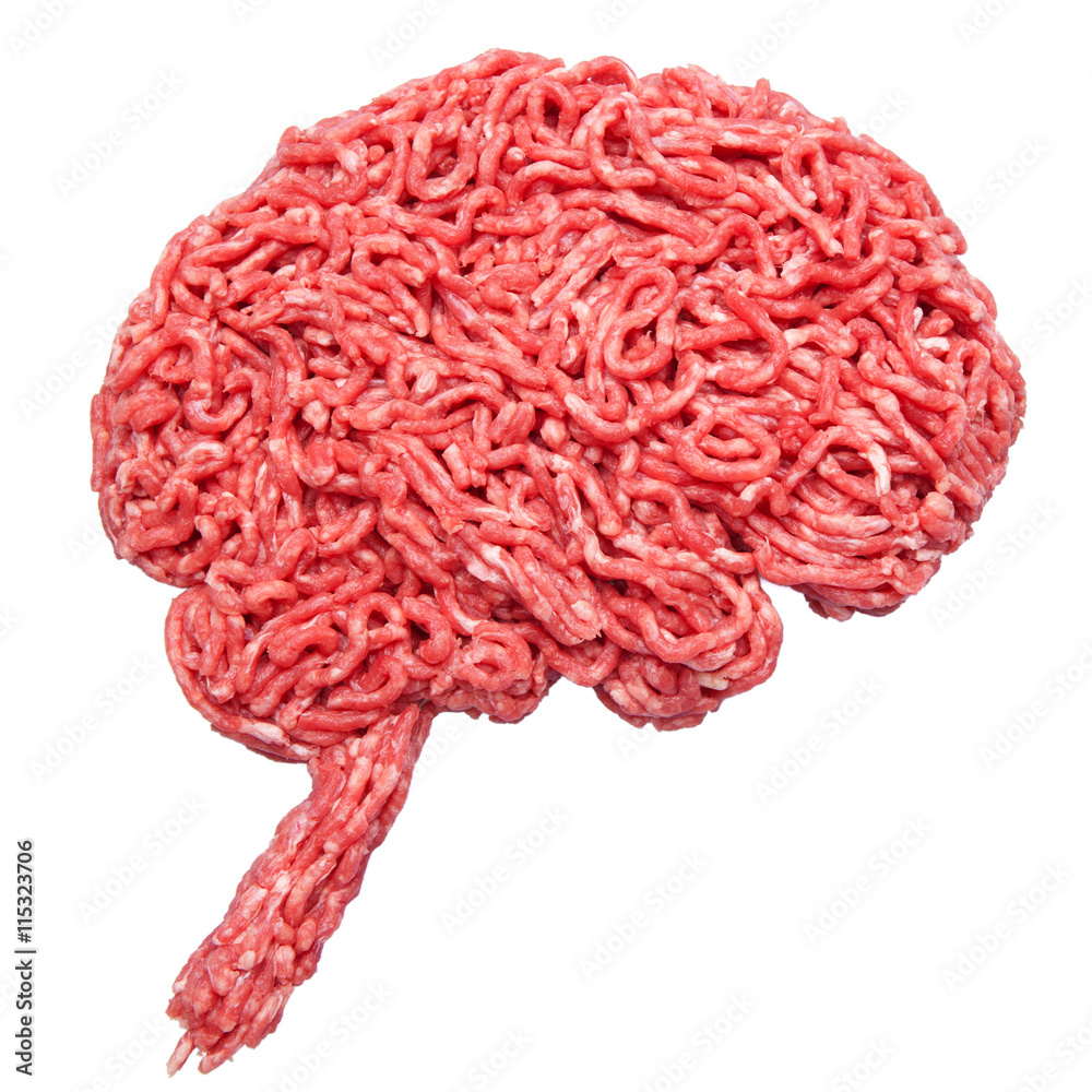 Foto Stock Shape of a brain made out of minced meat isolated on white
