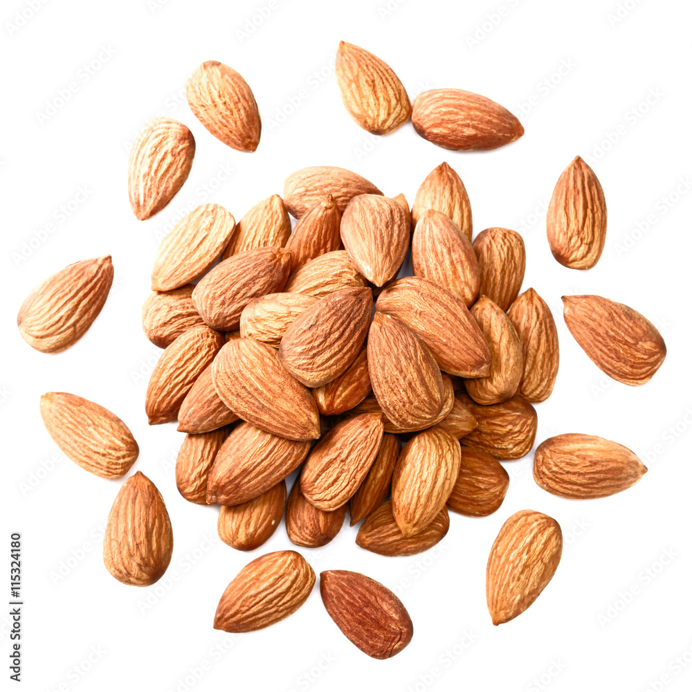 dry almond on white. top view dry almond on white. top view