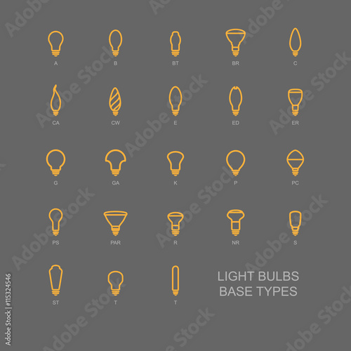 LED Light bulb base type icon set in orange