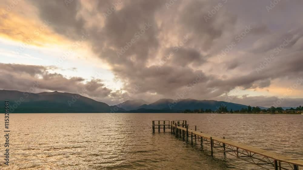Empty Jetty By The Lake, Te Anau, Southland, New Zealand. Motion Time Lapse Pan Left Empty Jetty By The Lake, Te Anau, Southland, New Zealand. Motion Time Lapse Pan Left