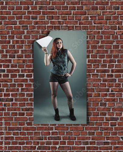 Poster with a women hang on a brick wall and model tear the poster with one hand . 3d poster