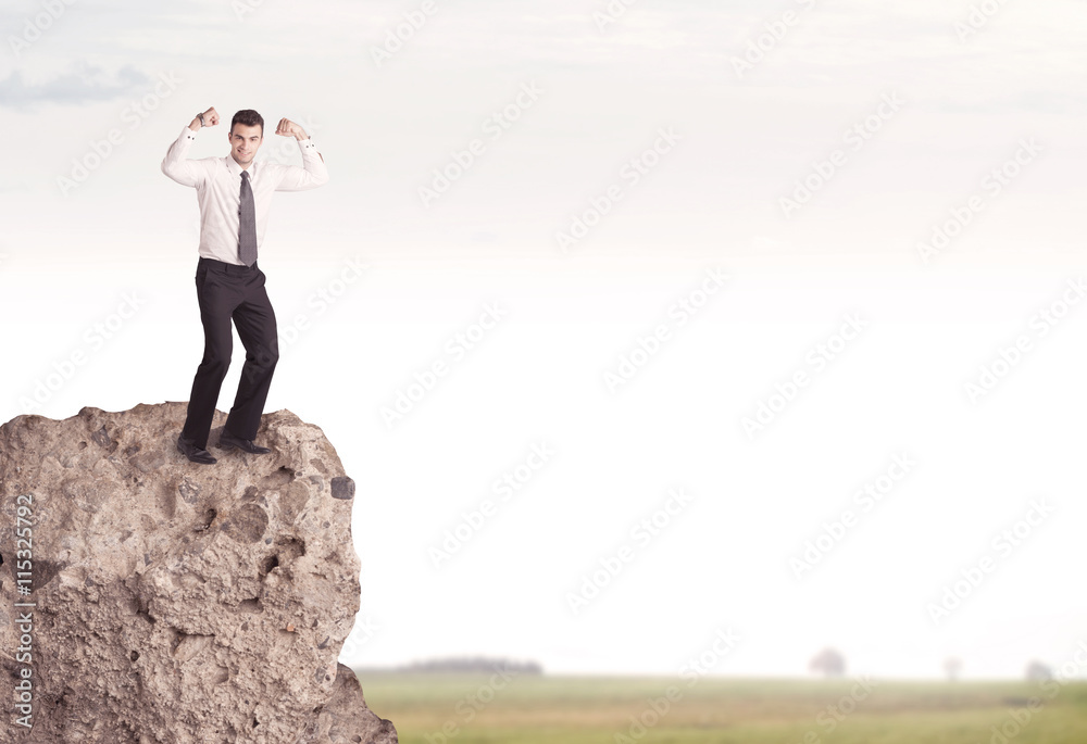 Happy salesman on cliff in the country Happy salesman on cliff in the country