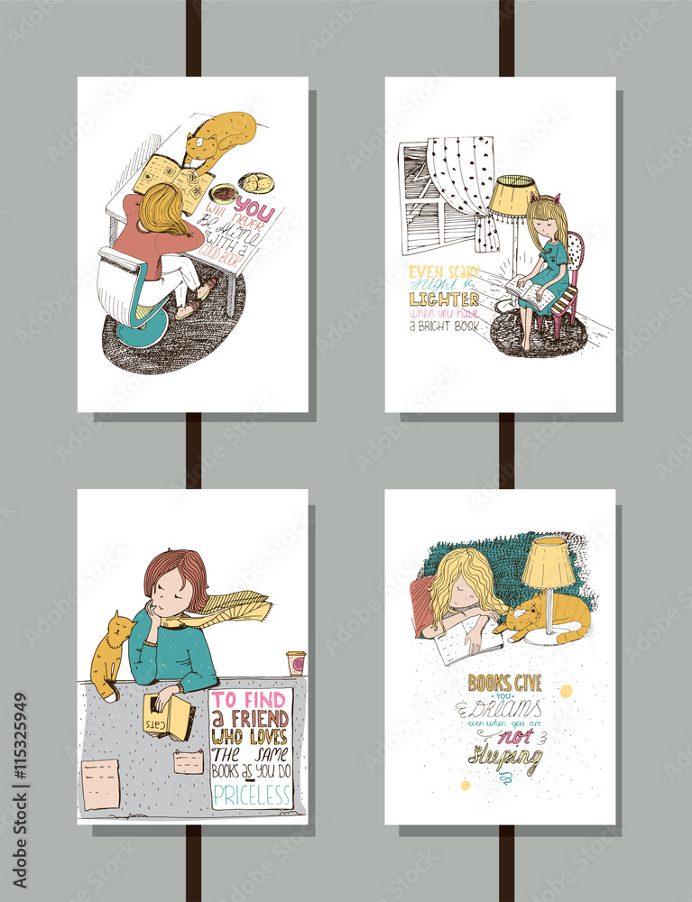 Obraz premium Colorful set of handdrawn educational lettering illustrations, with quotes about reading and books, lovely girl and cute cat. Vertical isolated on white vector posters, good for library and bookstore