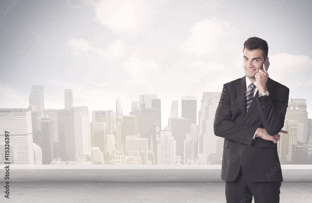 Sales person talking in front of city scape Sales person talking in front of city scape
