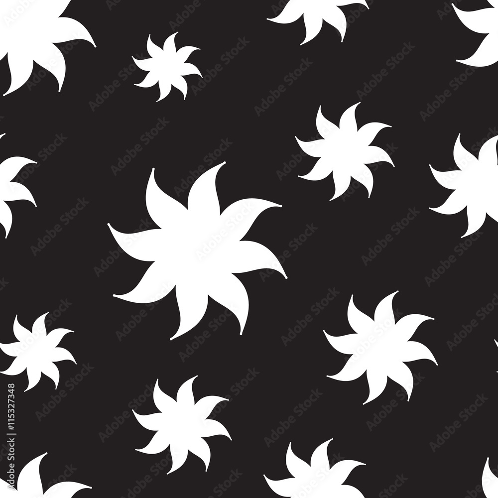 Stylized stars seamless pattern. White elements on black background. Abstract texture. Vector illustration.