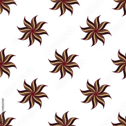 Stylized star anise seamless pattern. Brown elements on white background. Abstract texture. Vector illustration.