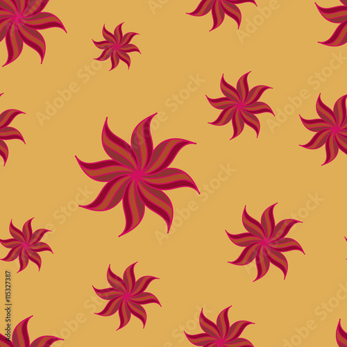 Stylized star anise seamless pattern. Red elements on yellow background. Abstract texture. Summer bright backdrop. Vector illustration.